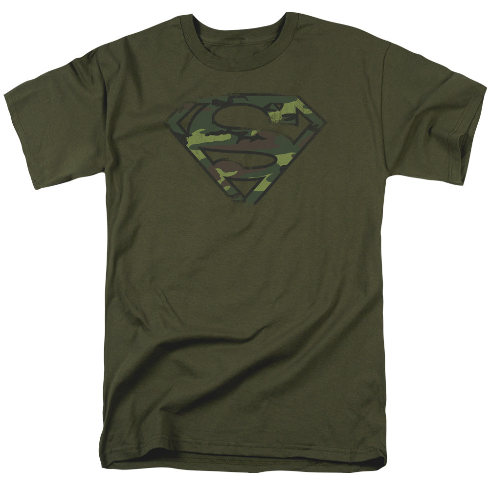 Superman - Distressed Camo Shield - Short Sleeve Adult 18/1 - Military Green T-shirt