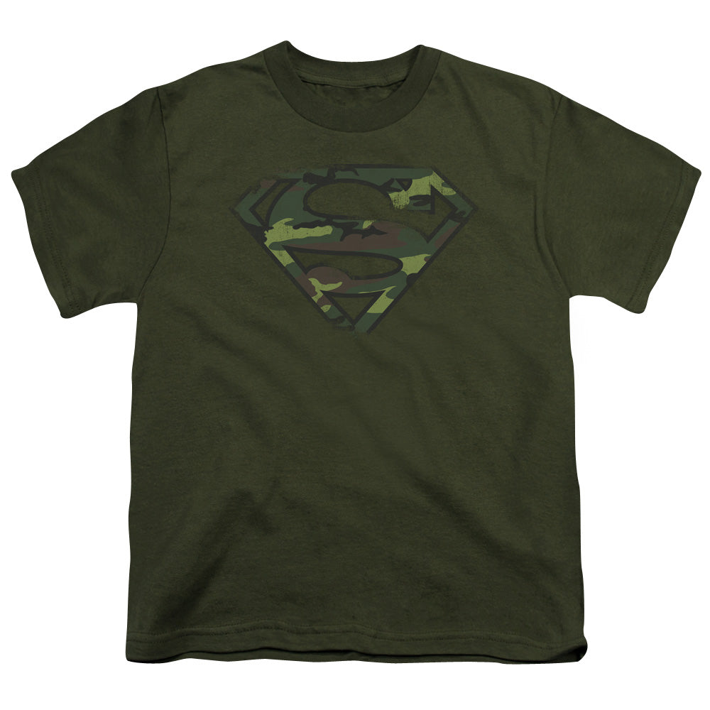 Superman - Distressed Camo Shield - Short Sleeve Youth 18/1 - Military Green T-shirt