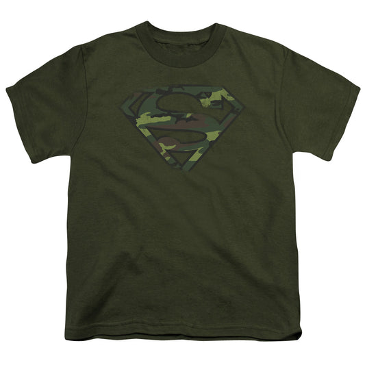 Superman - Distressed Camo Shield - Short Sleeve Youth 18/1 - Military Green T-shirt