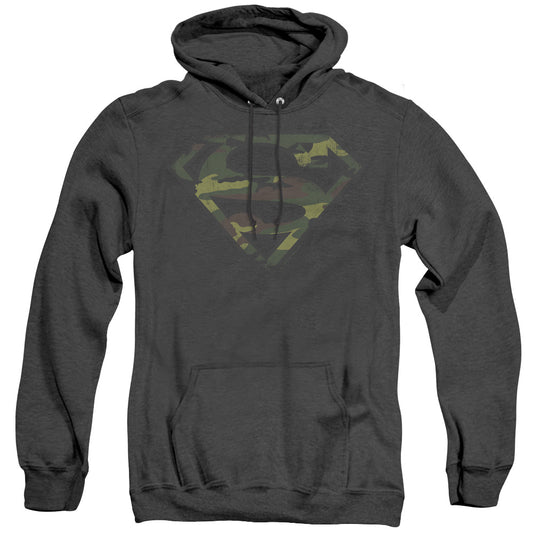 Superman - Distressed Camo Shield - Adult Heather Hoodie - Black