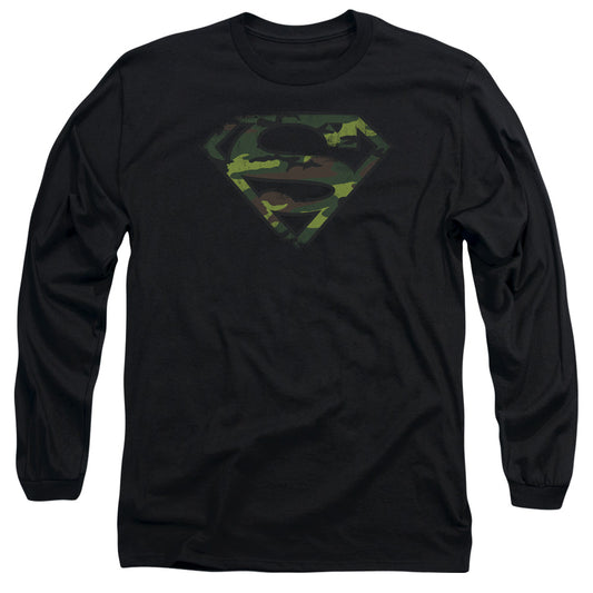 Superman - Distressed Camo Shield - Long Sleeve Adult 18/1 - Black T-shirt