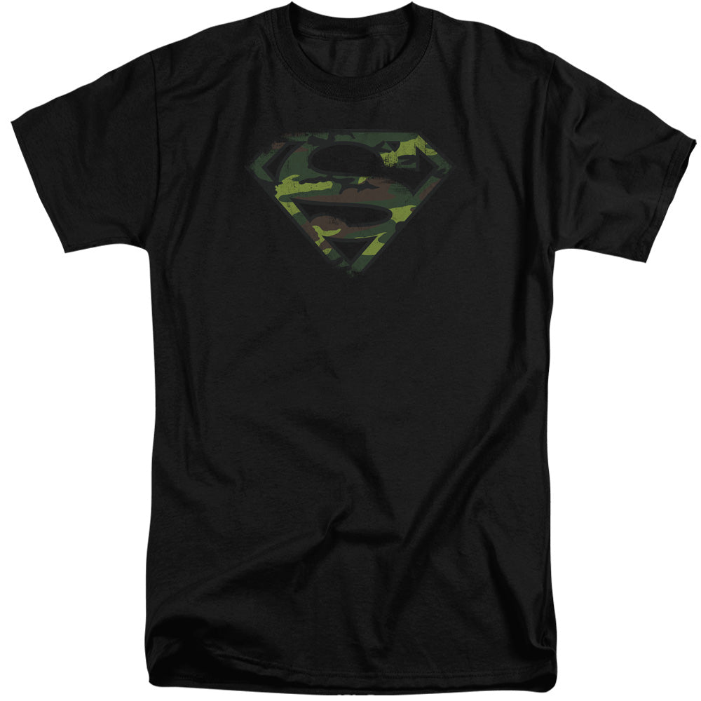 Superman - Distressed Camo Shield - Short Sleeve Adult Tall - Black T-shirt