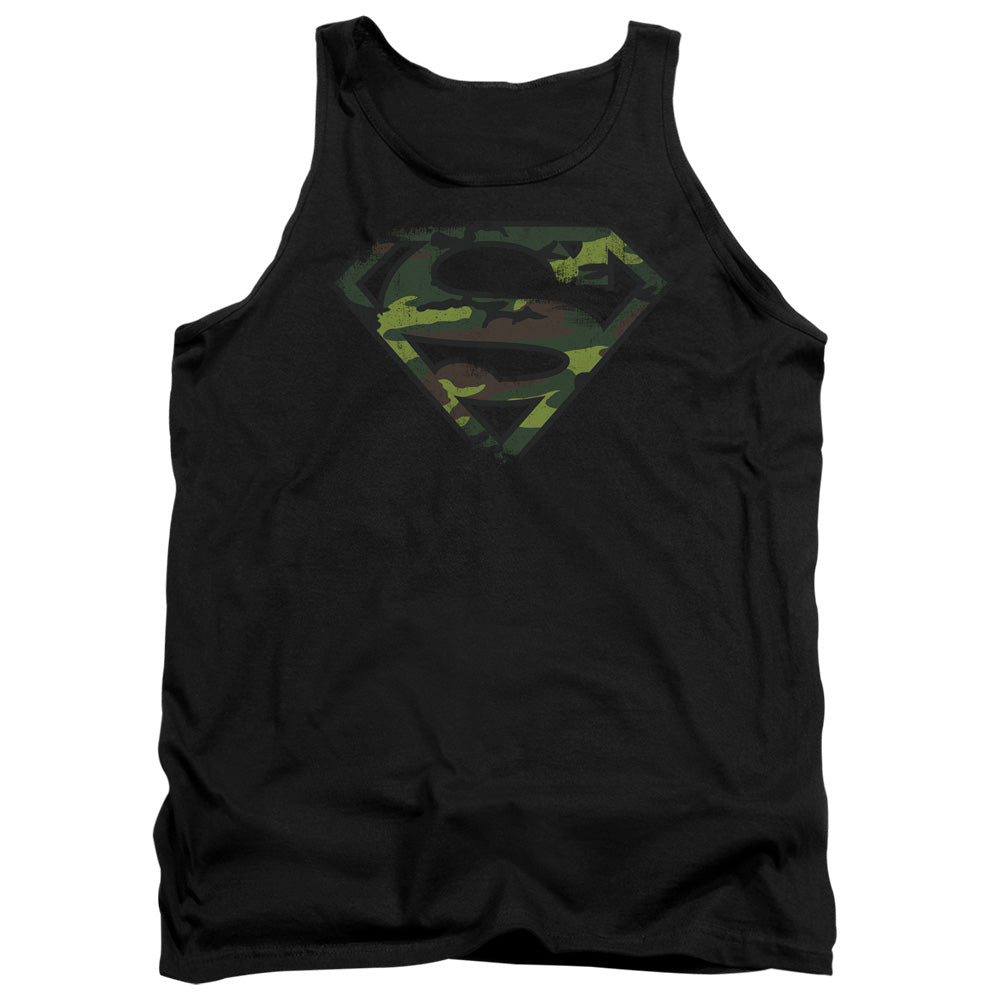 Superman - Distressed Camo Shield - Adult Tank - Black