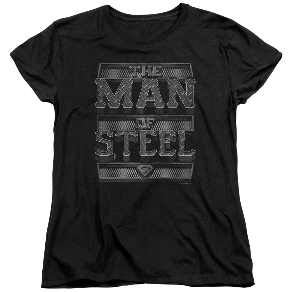 Superman - Steel Text - Short Sleeve Womens Tee - Black T-shirt