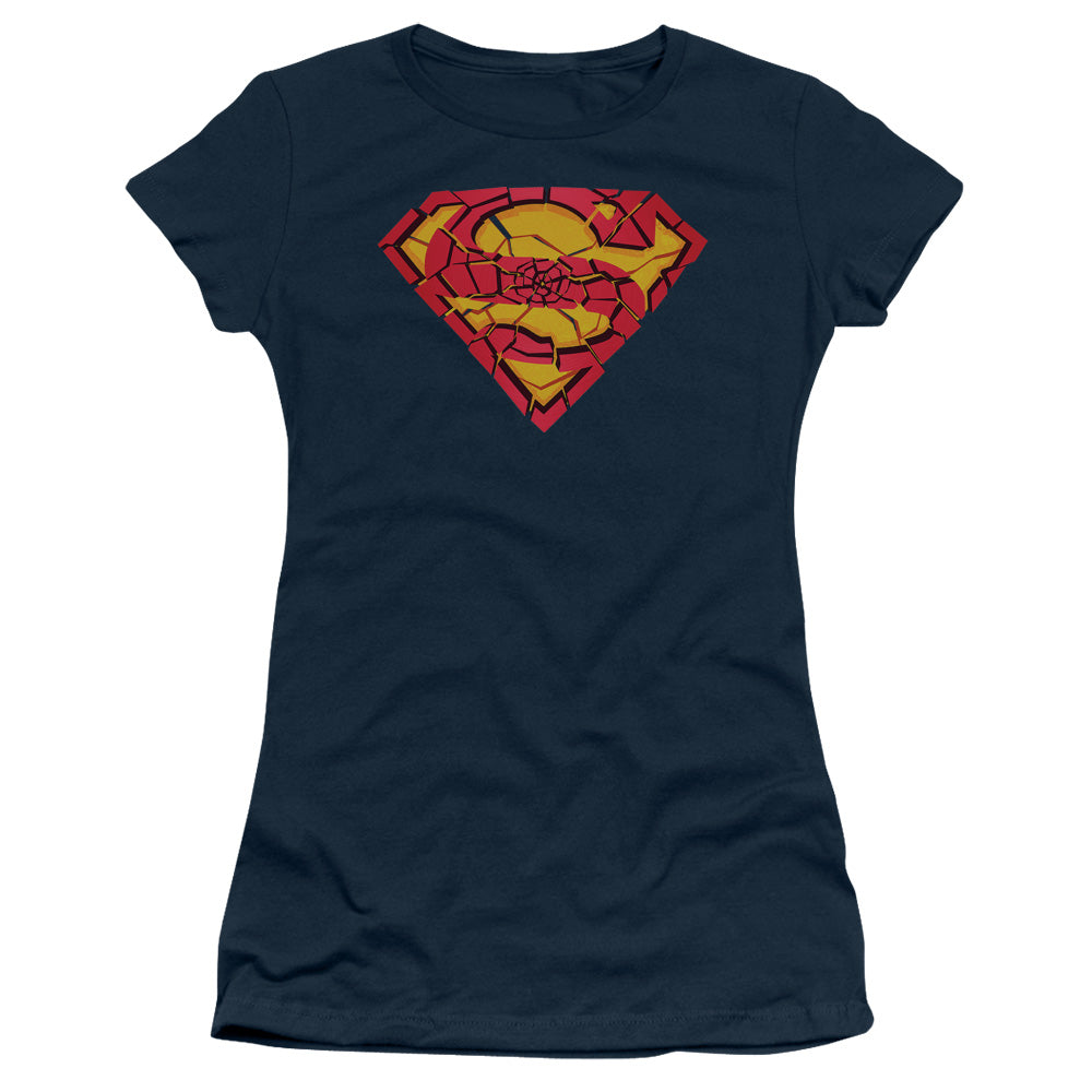 Superman - Shattered Shield - Short Sleeve Junior Sheer - Navy T-shirt