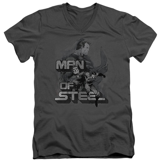 Superman - Steel Poses - Short Sleeve Adult V-neck - Charcoal T-shirt