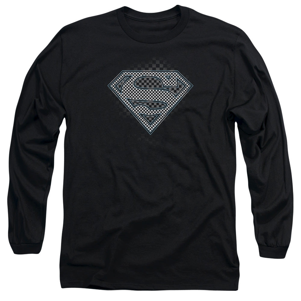 Superman - Checkerboard - Long Sleeve Adult 18/1 - Black T-shirt