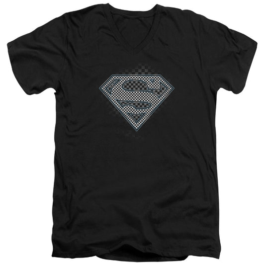 Superman - Checkerboard - Short Sleeve Adult V-neck - Black T-shirt