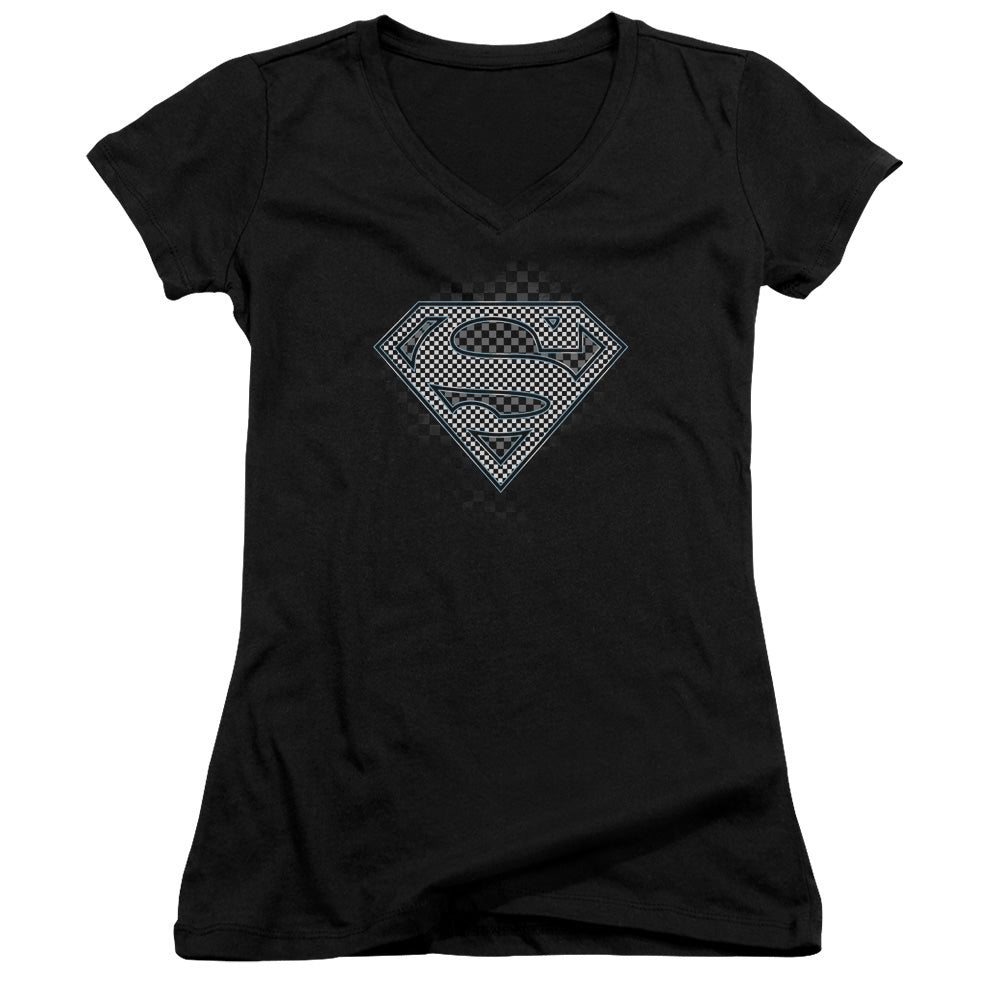 Superman Checkerboard - Junior V-neck - Black