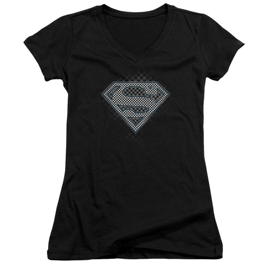 Superman Checkerboard - Junior V-neck - Black