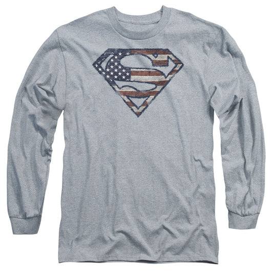 Superman - Wartorn Flag - Long Sleeve Adult 18/1 - Athletic Heather T-shirt