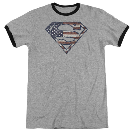 Superman - Wartorn Flag - Adult Ringer - Heather/black