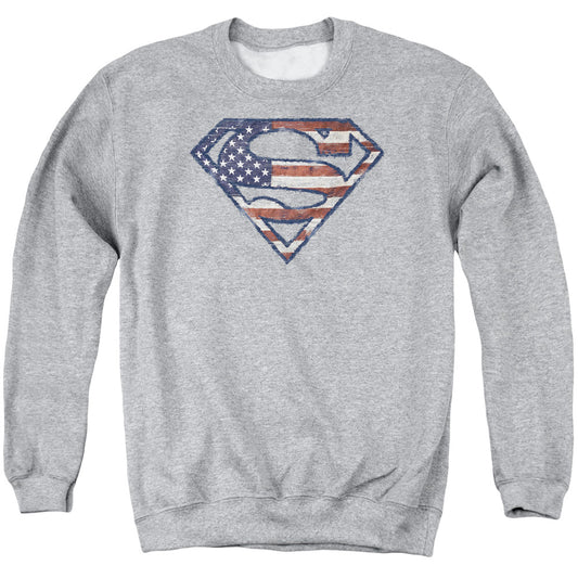 Superman - Wartorn Flag - Adult Crewneck Sweatshirt - Athletic Heather