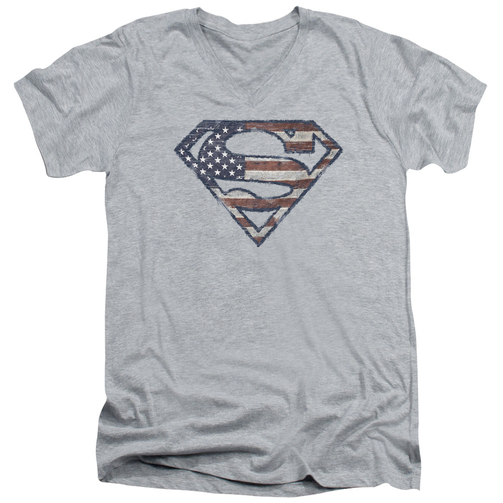 Superman - Wartorn Flag - Short Sleeve Adult V-neck - Athletic Heather T-shirt
