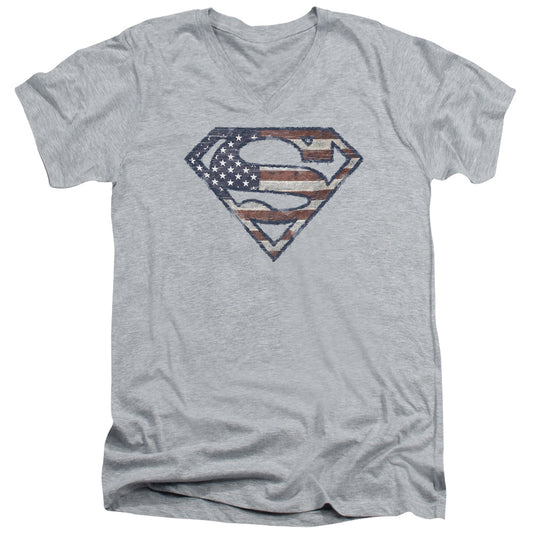 Superman - Wartorn Flag - Short Sleeve Adult V-neck - Athletic Heather T-shirt