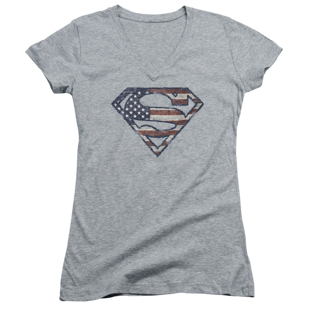 Superman - Wartorn Flag - Junior V-neck - Athletic Heather
