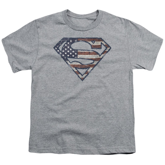 Superman - Wartorn Flag - Short Sleeve Youth 18/1 - Athletic Heather T-shirt