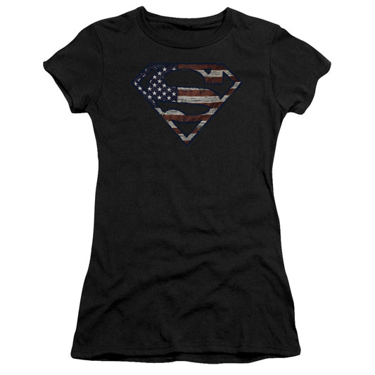 Superman - Wartorn Flag - Short Sleeve Junior Sheer - Black T-shirt