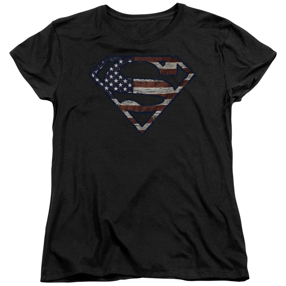 Superman - Wartorn Flag - Short Sleeve Womens Tee - Black T-shirt