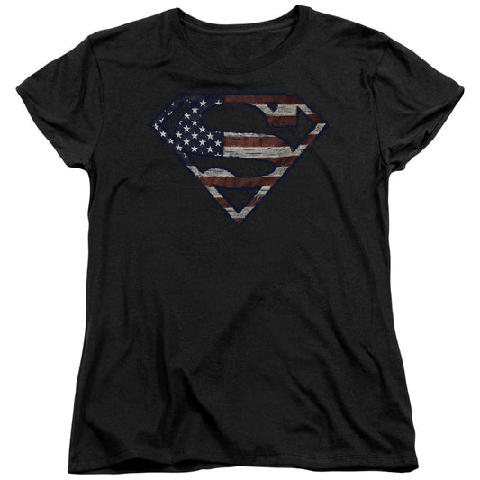 Superman - Wartorn Flag - Short Sleeve Womens Tee - Black T-shirt