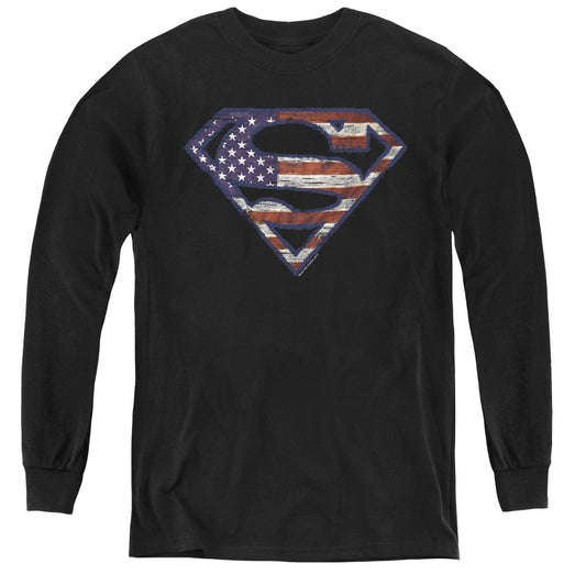 Superman - Wartorn Flag - Youth Long Sleeve Tee - Black