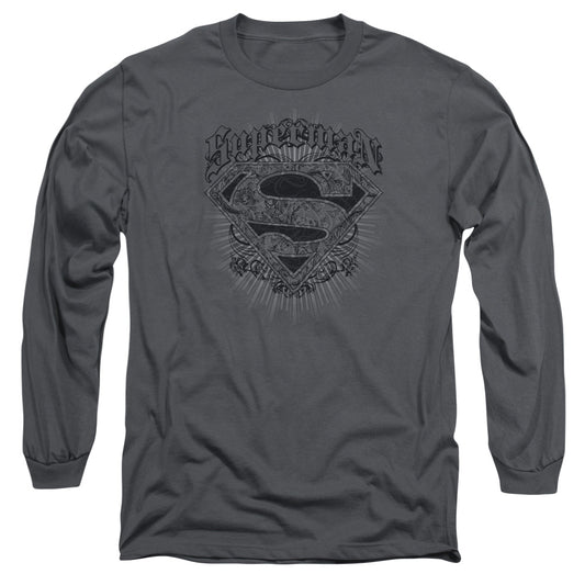 Superman - Scrolling Shield - Long Sleeve Adult 18/1 - Charcoal T-shirt