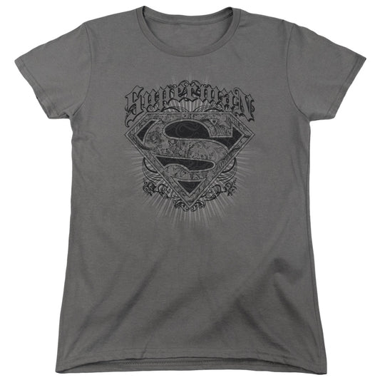 Superman - Scrolling Shield - Short Sleeve Womens Tee - Charcoal T-shirt