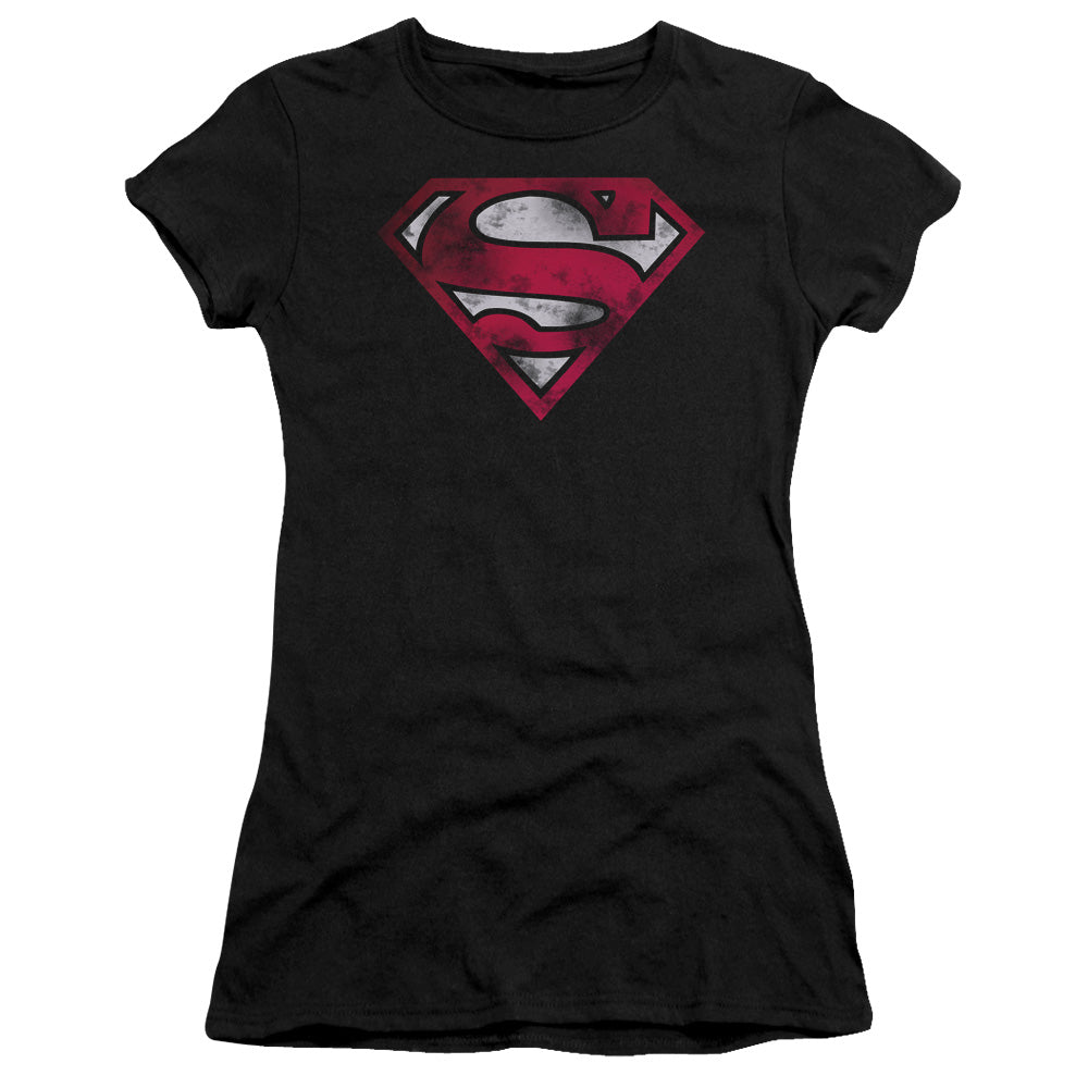 Superman - War Torn Shield - Short Sleeve Junior Sheer - Black T-shirt