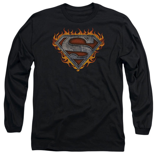 Superman - Iron Fire Shield - Long Sleeve Adult 18/1 - Black T-shirt