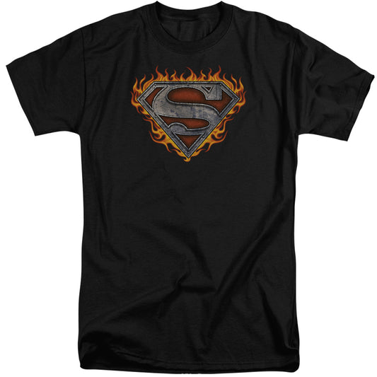 Superman - Iron Fire Shield - Short Sleeve Adult Tall - Black T-shirt