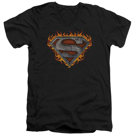 Superman - Iron Fire Shield - Short Sleeve Adult V-neck - Black T-shirt