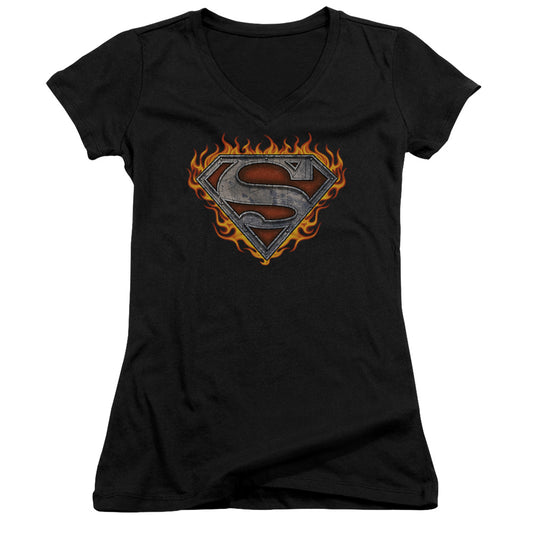 Superman - Iron Fire Shield - Junior V-neck - Black