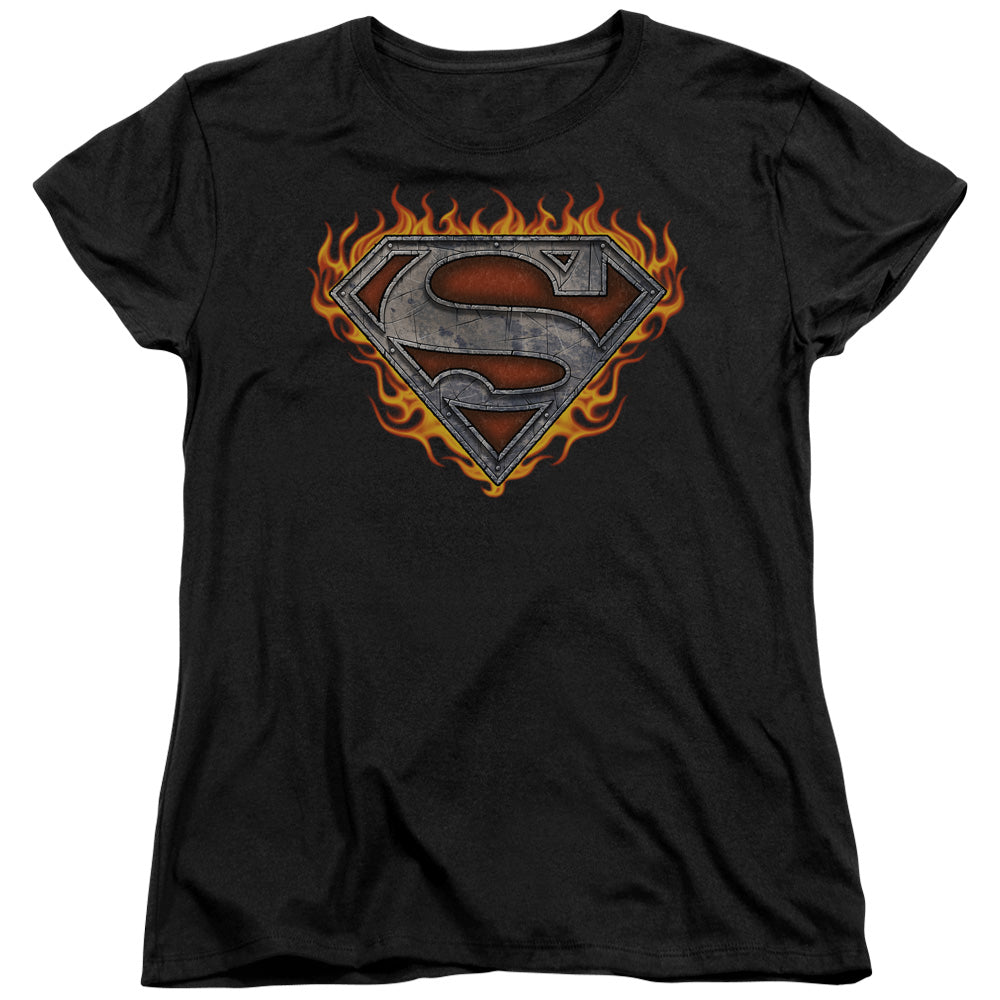 Superman - Iron Fire Shield - Short Sleeve Womens Tee - Black T-shirt