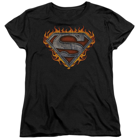 Superman - Iron Fire Shield - Short Sleeve Womens Tee - Black T-shirt