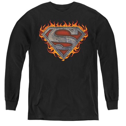 Superman - Iron Fire Shield - Youth Long Sleeve Tee - Black