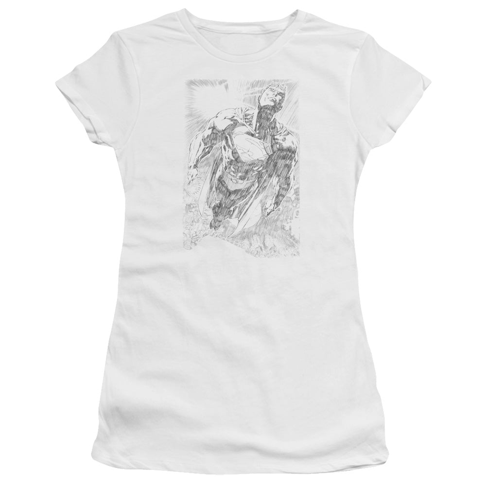 Superman - Exploding Space Sketch - Short Sleeve Junior Sheer - White T-shirt