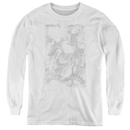 Superman - Exploding Space Sketch - Youth Long Sleeve Tee - White