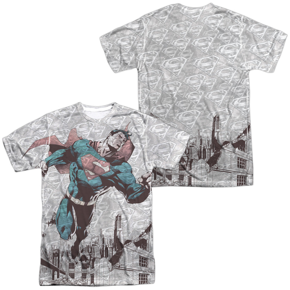 Superman - War Zone (Front/back Print) -  Short Sleeve Adult 100% Poly Crew - White T-shirt