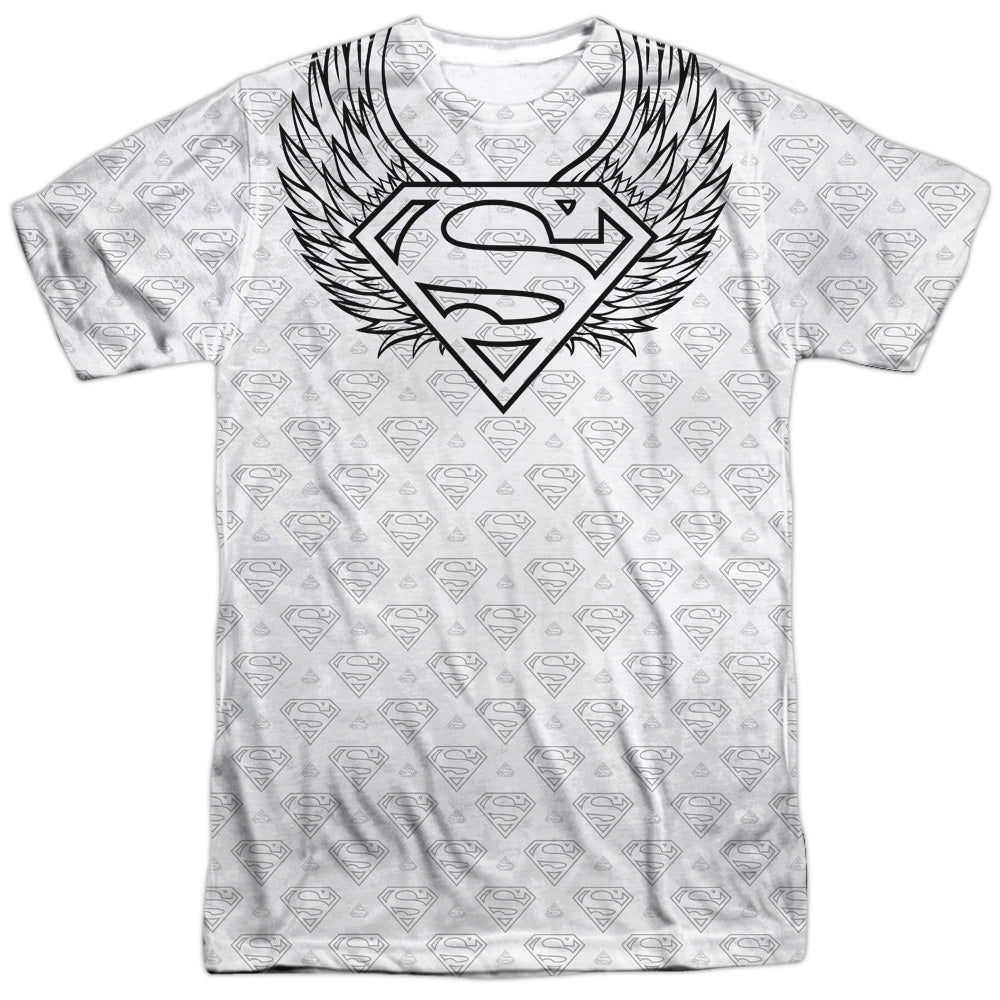 Superman - Winged Shield Repeat -  Short Sleeve Adult 100% Poly Crew - White T-shirt