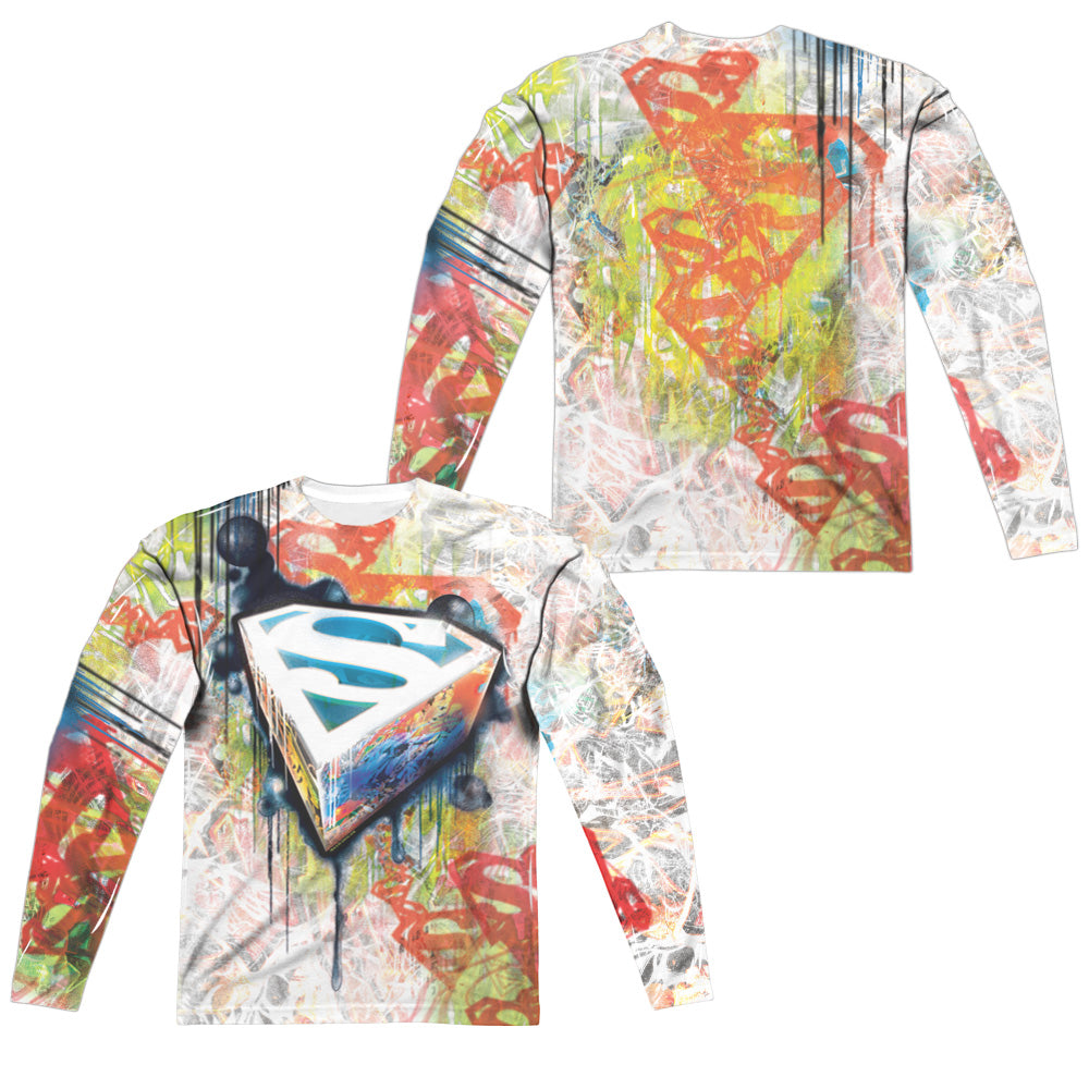 Superman - Urban Shields (Front/back Print) - Long Sleeve Adult Poly Crew  - White T-shirt