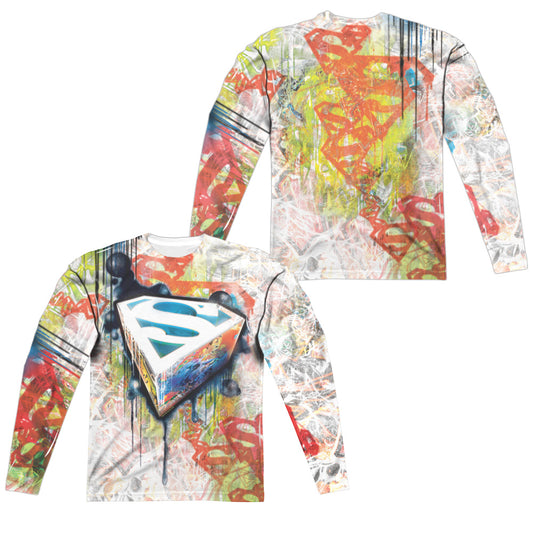 Superman - Urban Shields (Front/back Print) - Long Sleeve Adult Poly Crew  - White T-shirt
