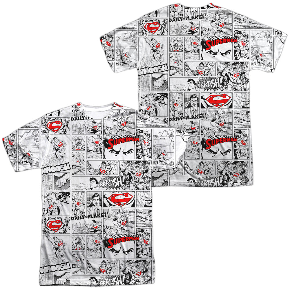 Superman - Comic Page All Over (Front/back Print) -  Short Sleeve Adult 100% Poly Crew - White T-shirt