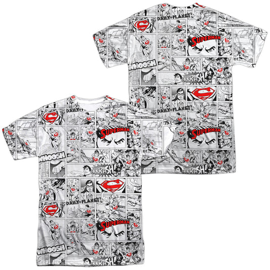 Superman - Comic Page All Over (Front/back Print) -  Short Sleeve Adult 100% Poly Crew - White T-shirt