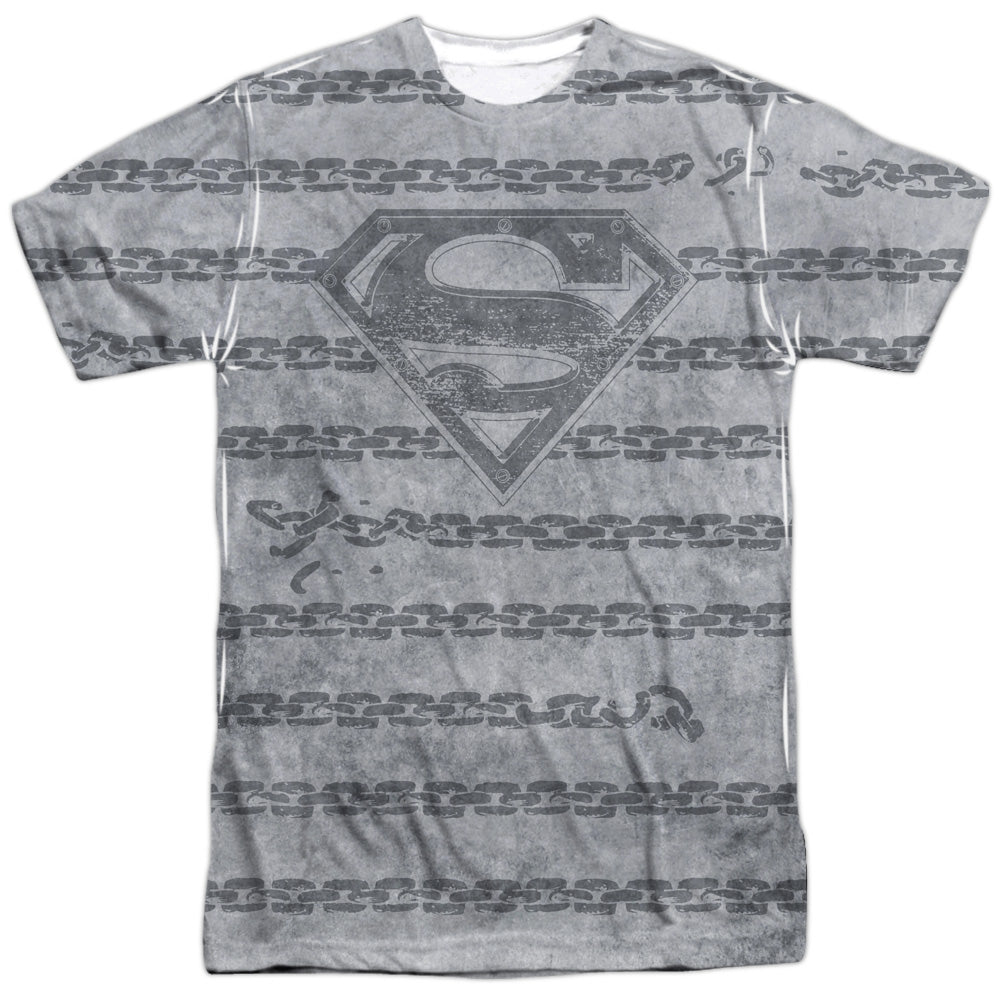 SUPERMAN BREAKING CHAINS ALL OVER -  S/S ADULT 100% POLY CREW - WHITE T-Shirt