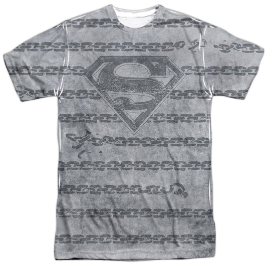 SUPERMAN BREAKING CHAINS ALL OVER -  S/S ADULT 100% POLY CREW - WHITE T-Shirt