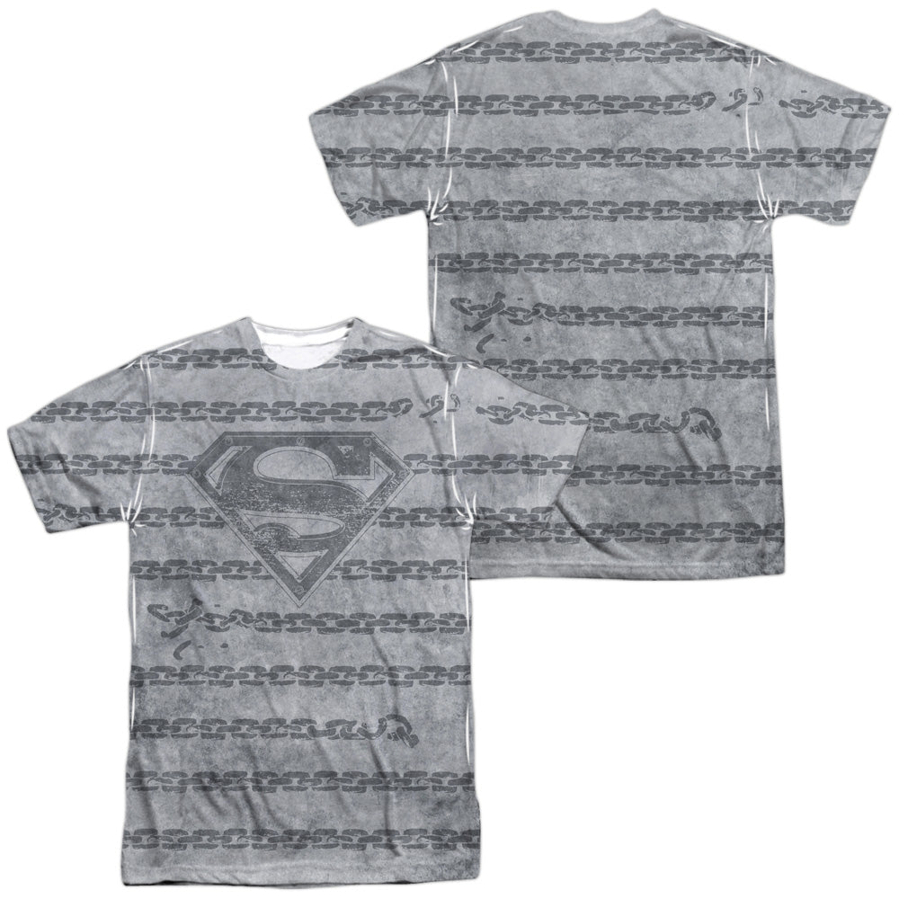 SUPERMAN BREAKING CHAINS ALL OVER (FRONT/BACK PRINT) -  S/S ADULT 100% POLY CREW - WHITE T-Shirt