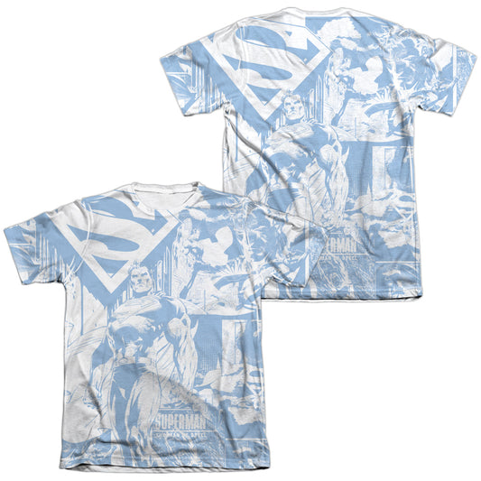 Superman - Man Of Steel Collage (Front/back Print) - Adult 65/35 Poly/cotton Short Sleeve Tee - White T-shirt