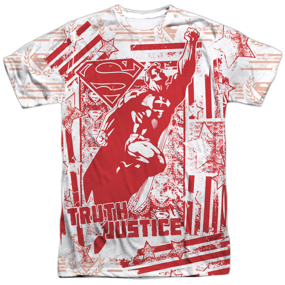 Superman - Truth And Justice All Over -  Short Sleeve Adult 100% Poly Crew - White T-shirt