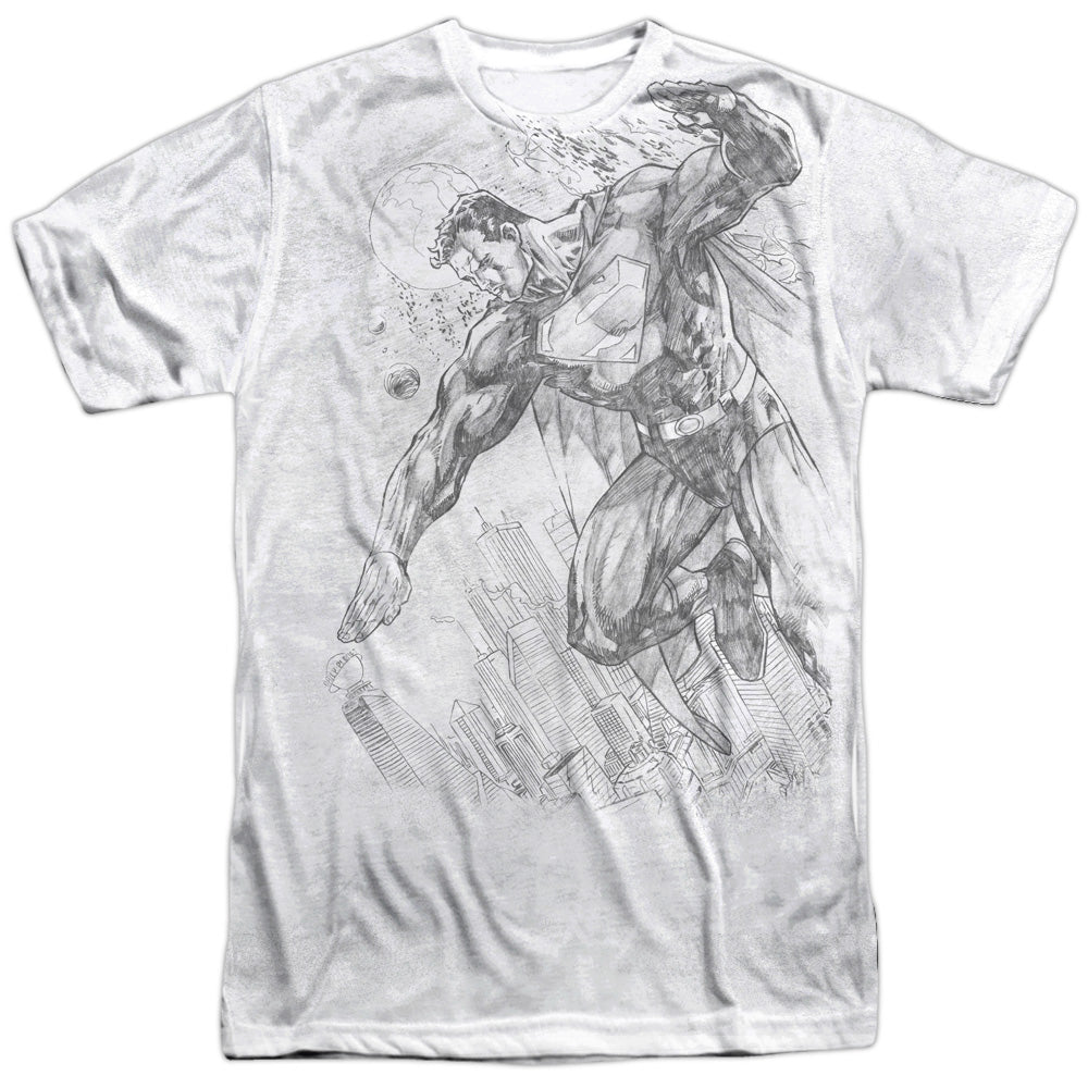 Superman - Pencil City To Space -  Short Sleeve Adult 100% Poly Crew - White T-shirt