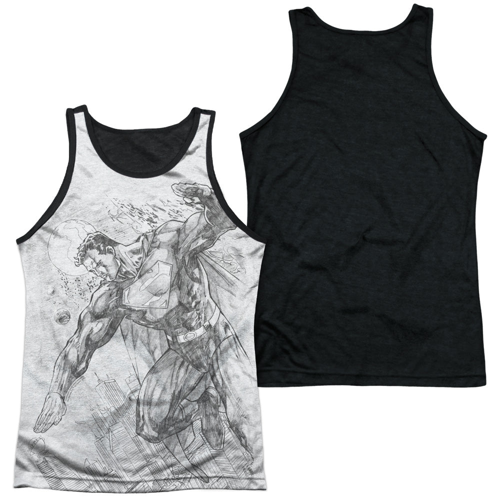 Superman - Pencil City To Space - Adult Poly Tank Top Black Back - White